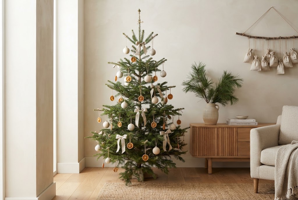 Japandi Christmas tree with ceramic ornaments and dried orange slices.