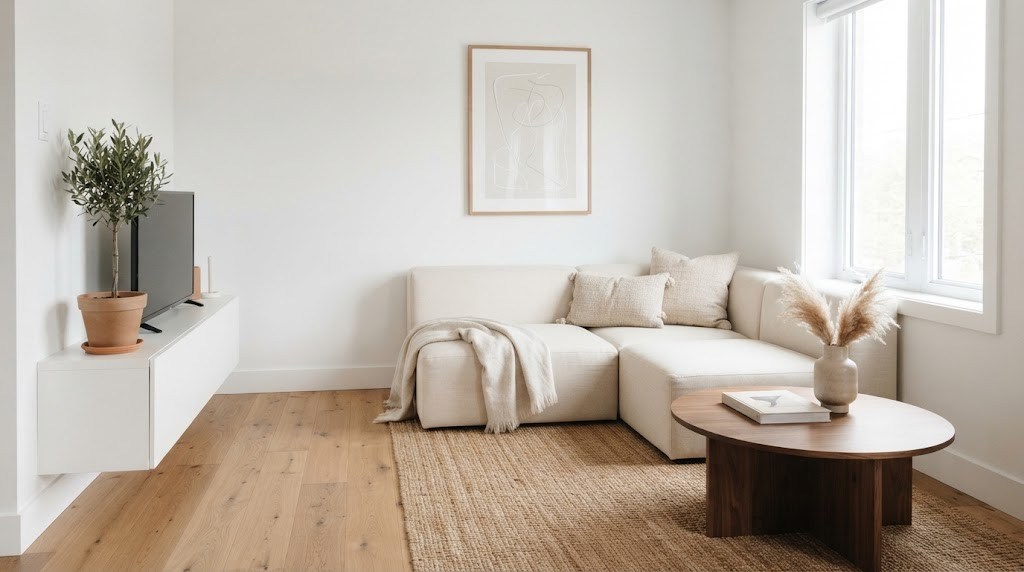Minimalist living room with a cream linen sectional and warm oak floors.