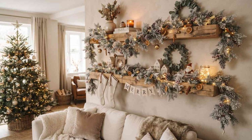 Horizontal stack of neutral-colored books tied with rustic twine on a wooden shelf with a small pinecone.