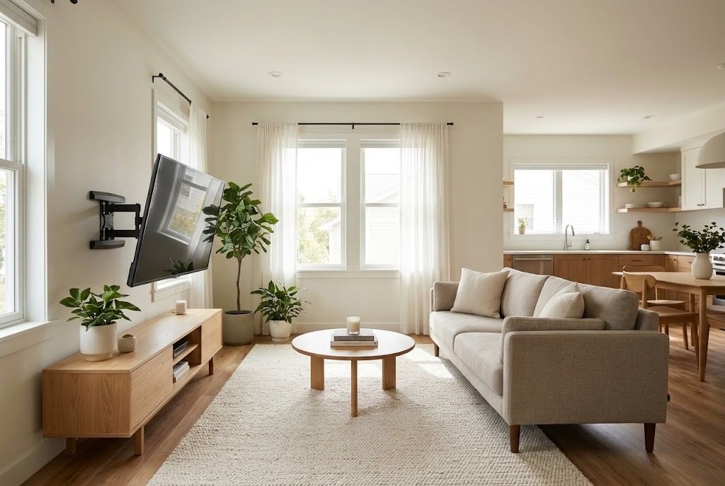 A television on an articulating swivel wall mount extended and angled toward a cozy sofa in a modern open-concept living space.