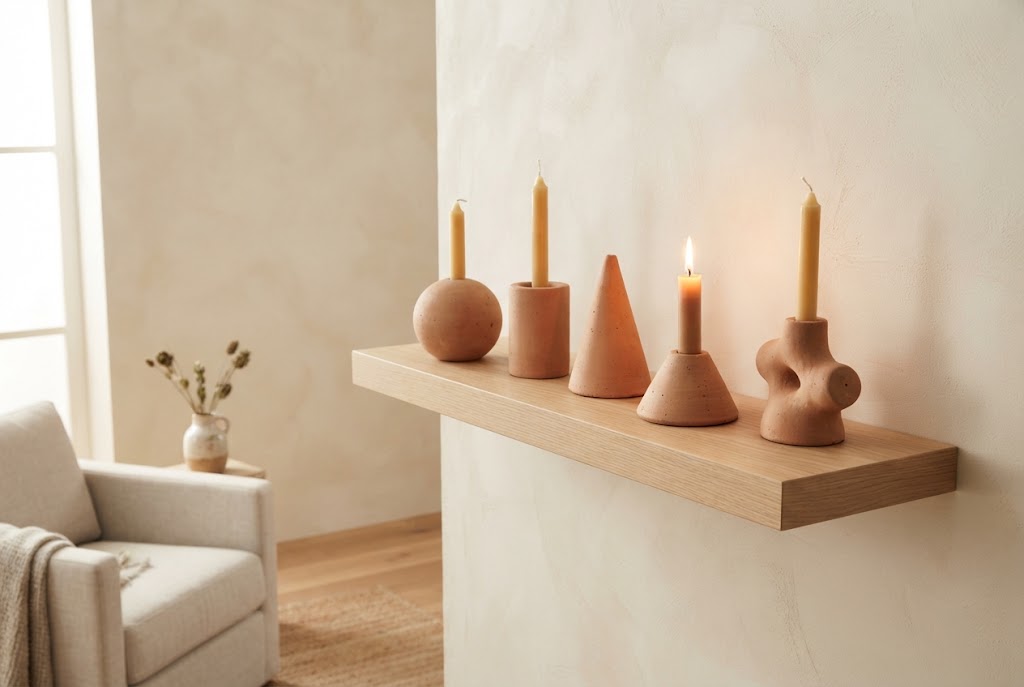 Raw terracotta candleholders on a minimalist floating shelf.