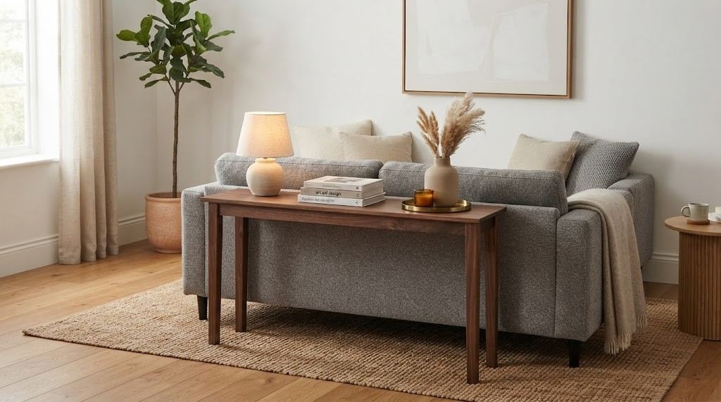 Slim wooden console table tucked behind a grey sofa styled with neutral ceramics and ambient lighting.-