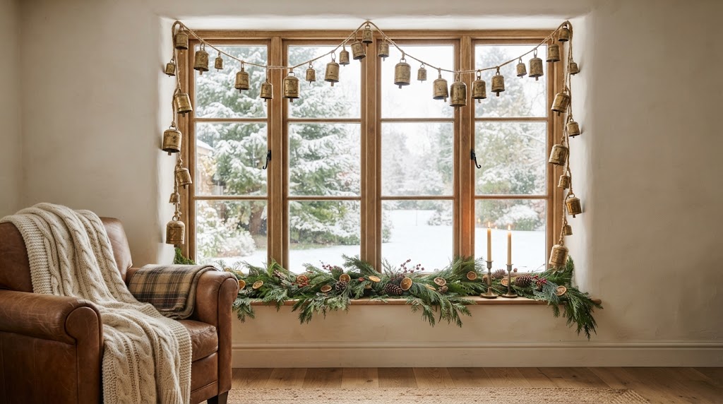 Vintage brass bells adorn a festive and serene winter window.