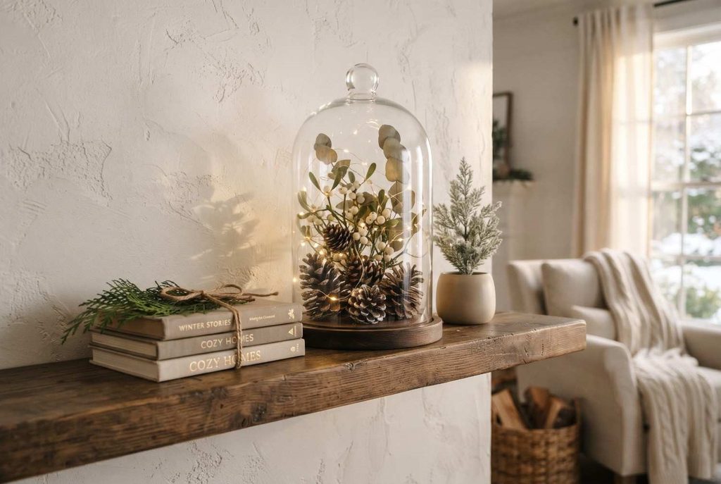 Vintage amber glass jars filled with warm fairy lights resting on a rustic wooden shelf.