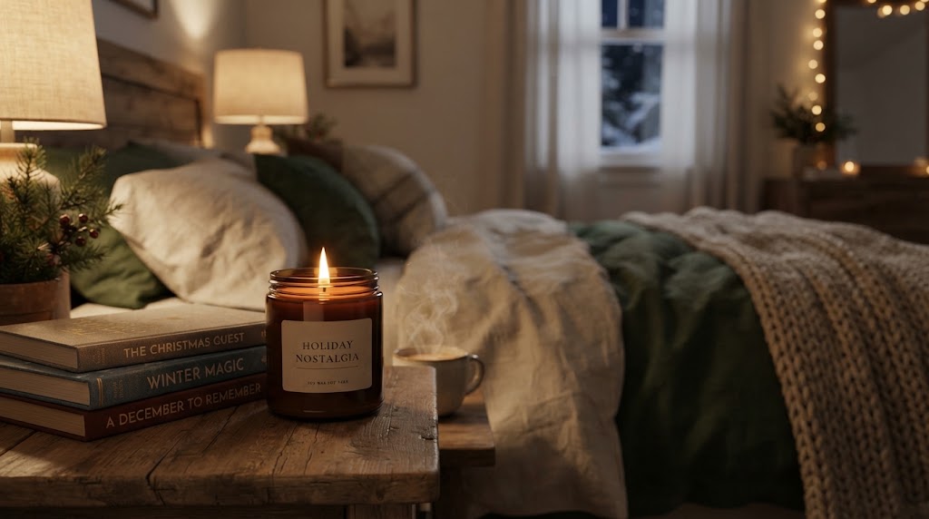 Amber candle burning on a nightstand next to stacked holiday books