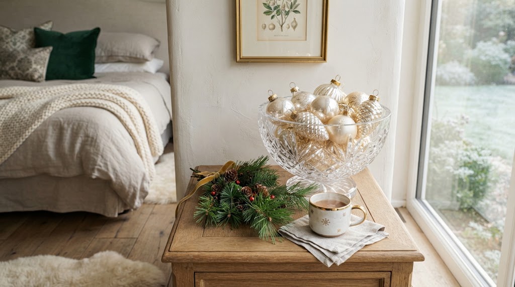 Champagne glass ornaments fill a crystal bowl on a festive nightstand.