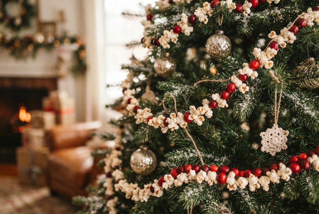 Handmade popcorn and fresh cranberry garlands add traditional folk-art charm.