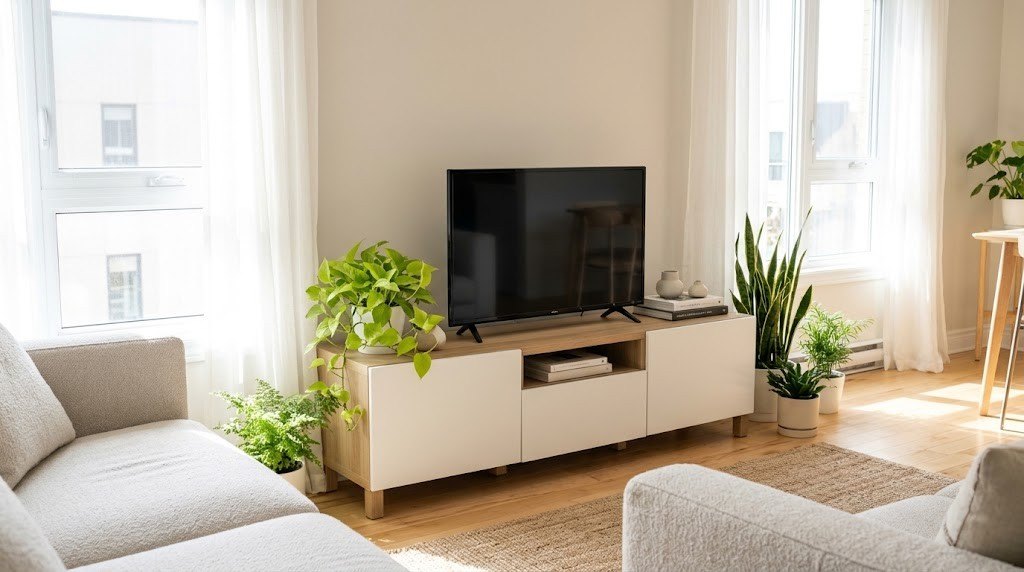 A low-profile white and light oak TV stand with a TV on top surrounded by lush green houseplants.