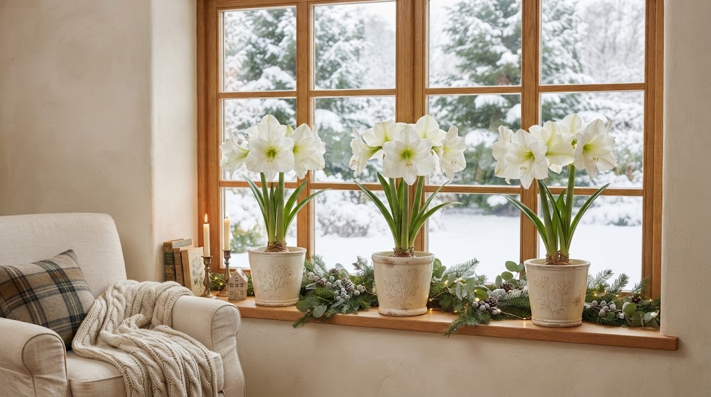 Blooming white amaryllis plants bring elegance to a snowy windowsill.