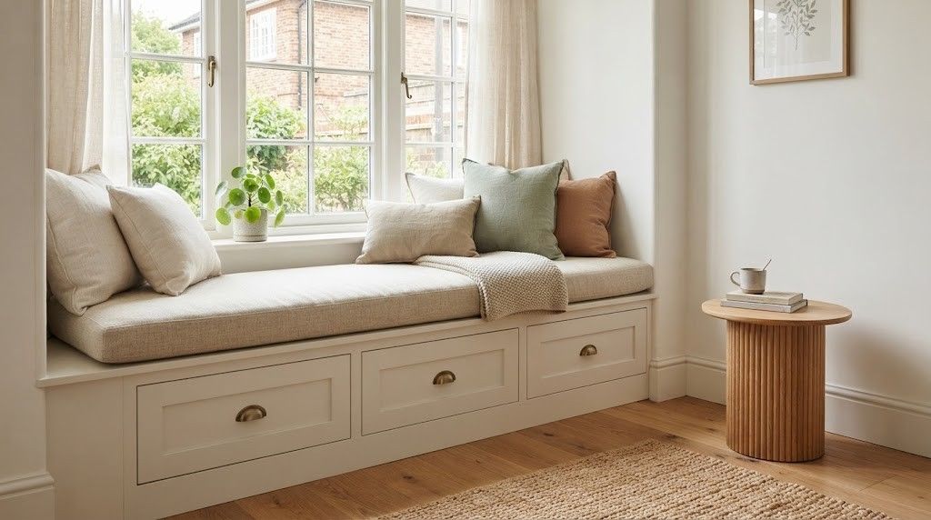 Custom built-in cushioned window seat with storage drawers and soft linen pillows