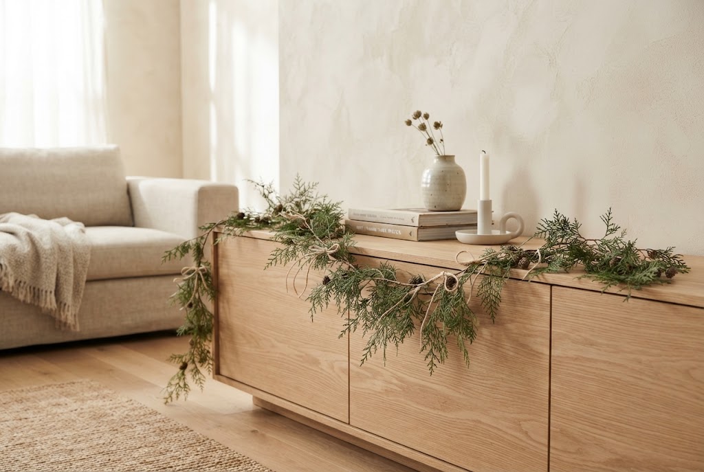 Sparse cedar garland draped over a clean oak media console.