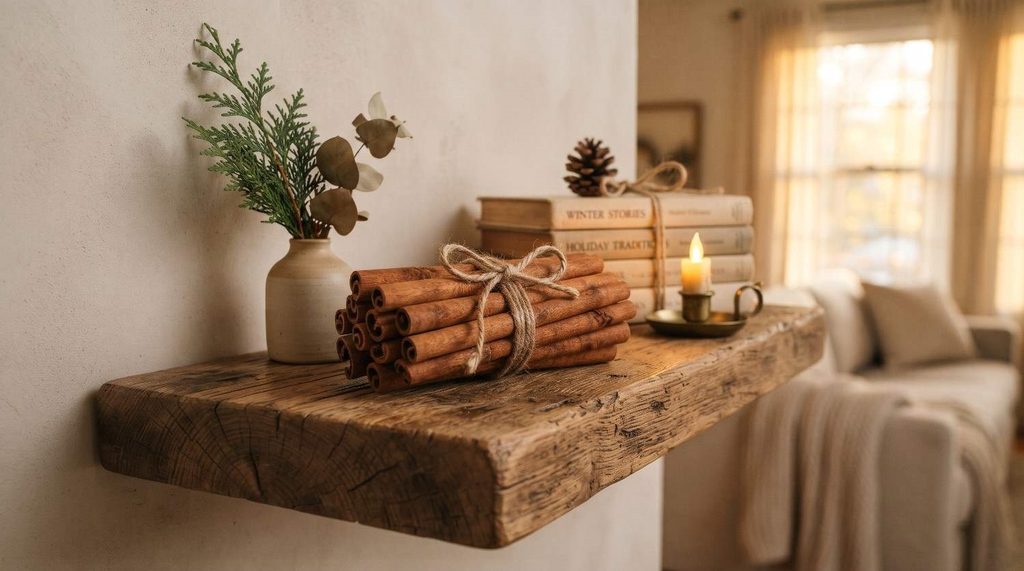 Vintage amber glass jars filled with warm fairy lights resting on a rustic wooden shelf.