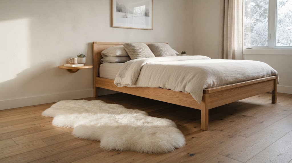 Cozy minimalist bedroom with wooden bed and fluffy sheepskin rug.