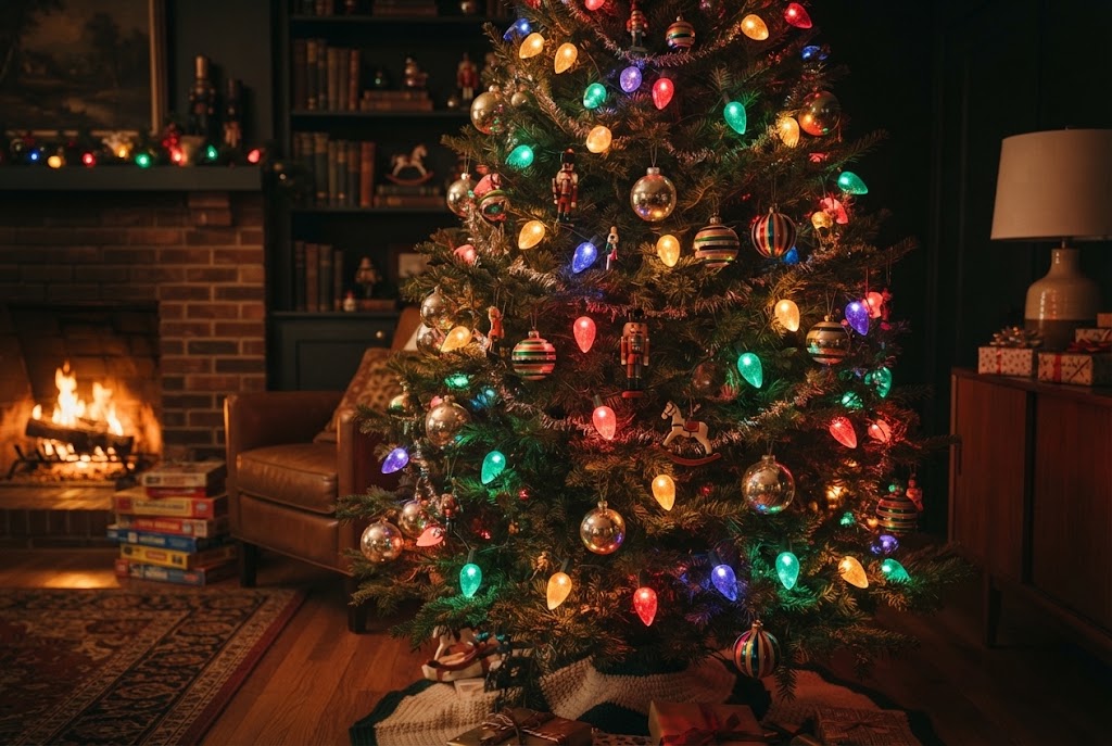 Glossy C7 ceramic bulbs cast a vibrant, nostalgic holiday glow.