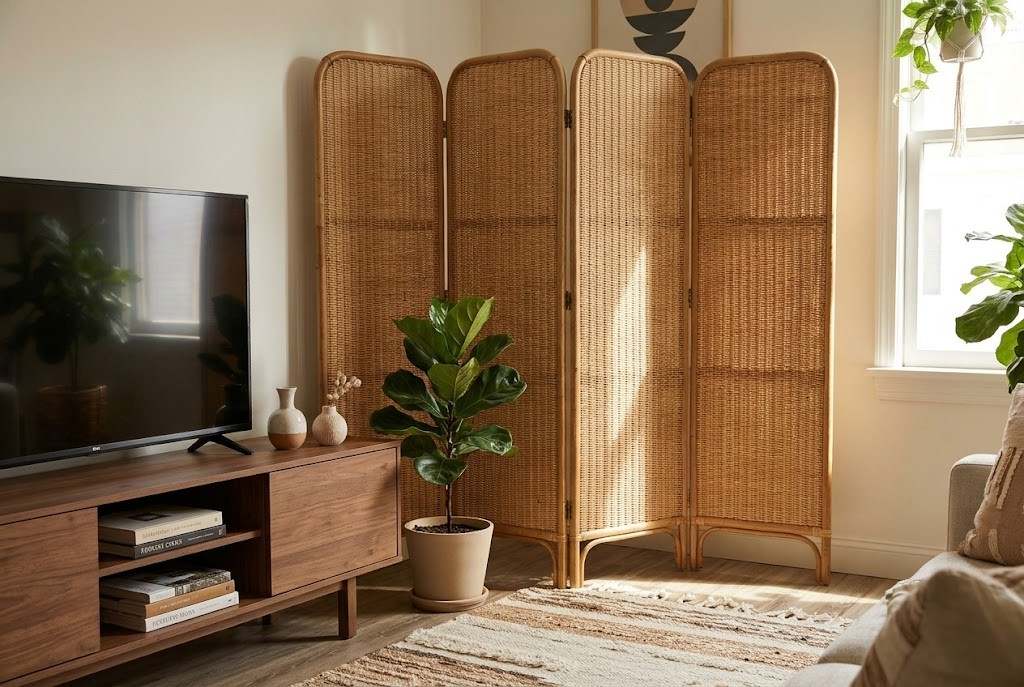 A three-panel woven rattan divider screen placed behind a sleek media unit with a TV in a bohemian living room corner.