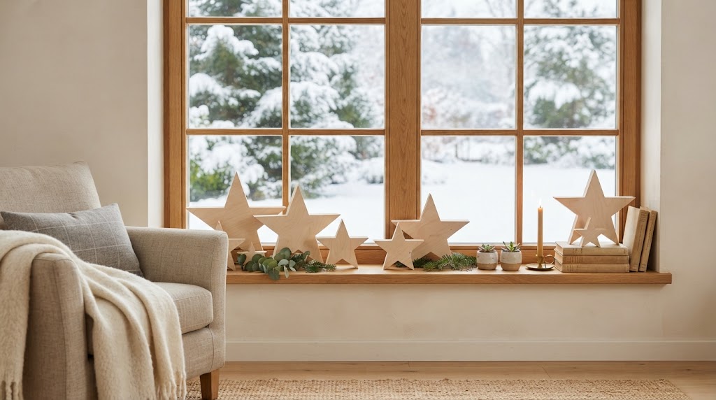 Minimalist wooden star cutouts create a cozy Scandinavian holiday window.