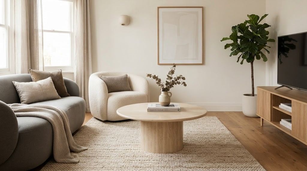 Smooth travertine round pedestal coffee table centered in a cozy compact living room
