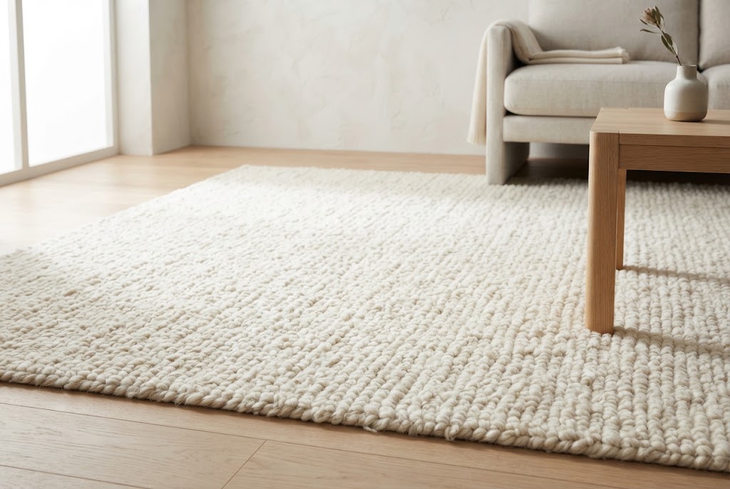 Thick ivory wool area rug on light wood flooring