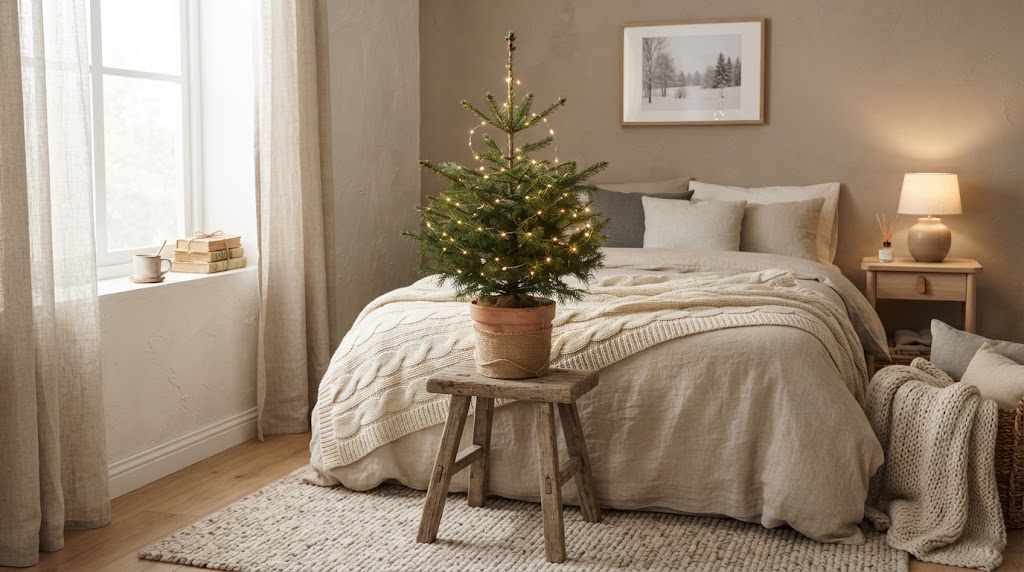 Cozy bedroom corner with a small, twinkling Christmas tree on a stool.
