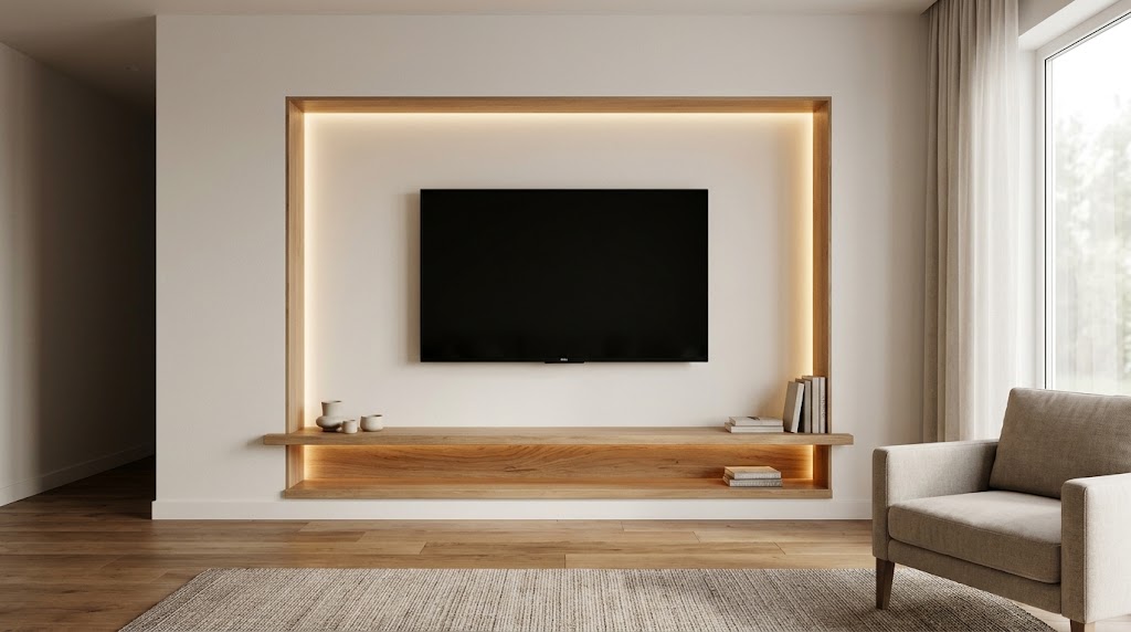 A wall-mounted TV fitted perfectly flush inside a custom recessed wall niche, with warm ambient lighting.