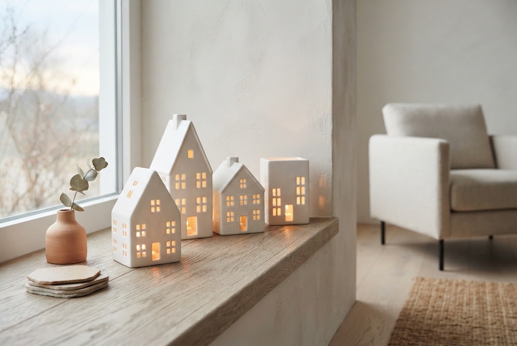 Ceramic house lanterns on a wooden windowsill