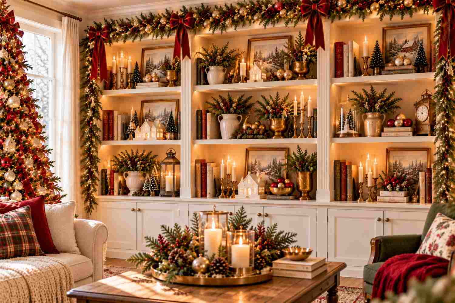 Glowing Candles on Bookshelves