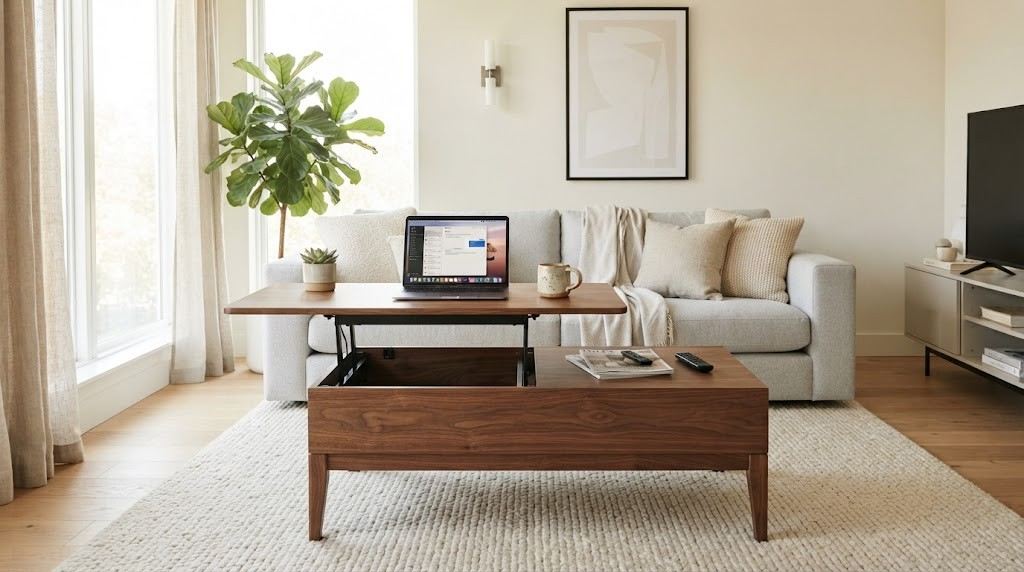  Lift-top wooden coffee table partially raised into a desk setup with a laptop and ceramic mug.