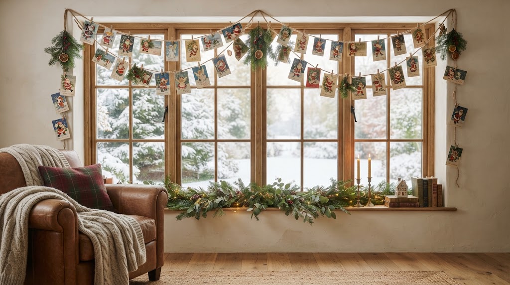 Vintage Christmas cards clipped to twine create a charming holiday window.