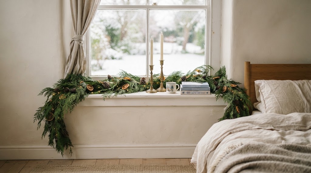 Cedar garland with candles and pinecones on a snowy windowsill.