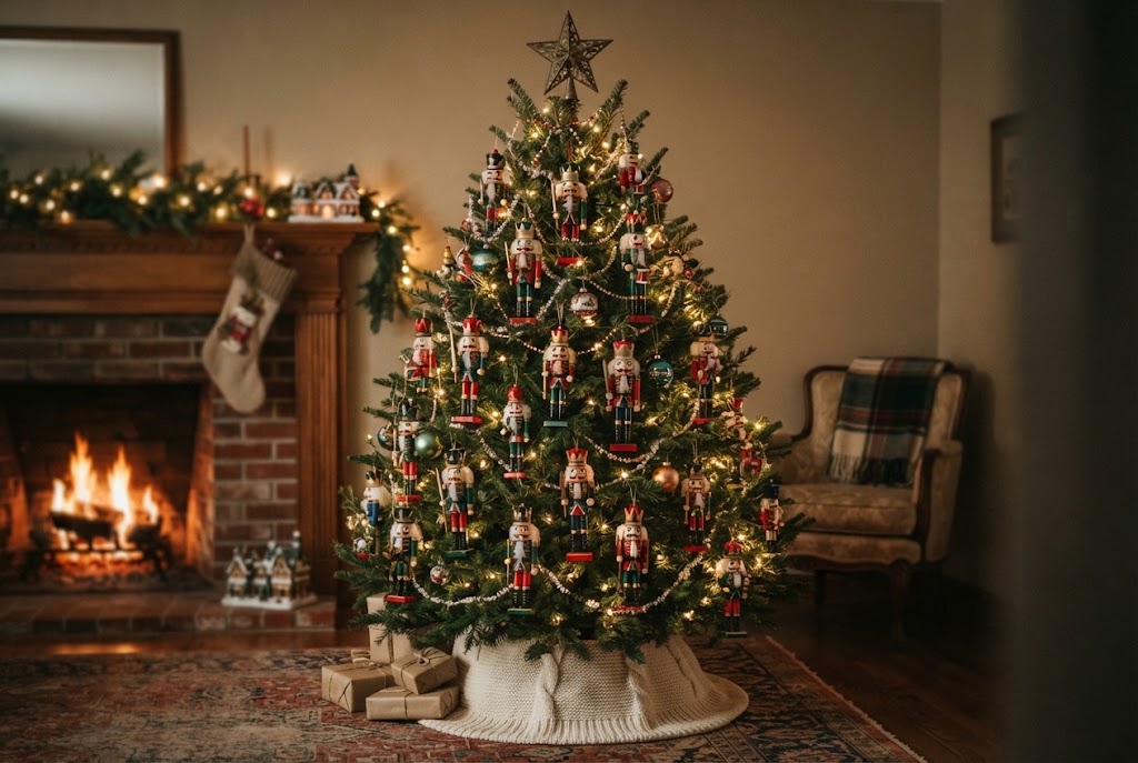 Hand-painted wooden nutcrackers stand guard on a festive tree.