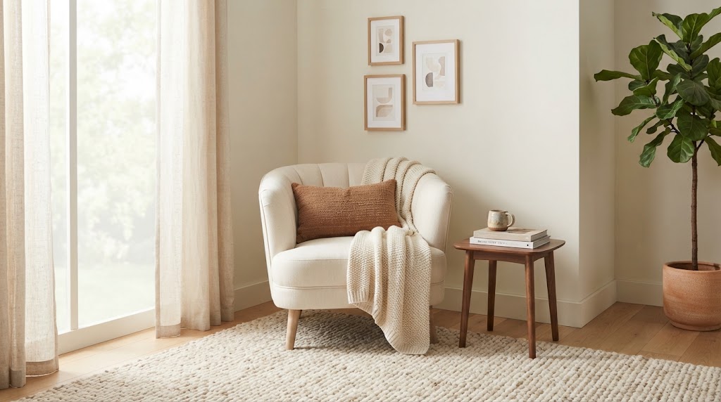 Tuck a chic cream slipper chair into a bright corner