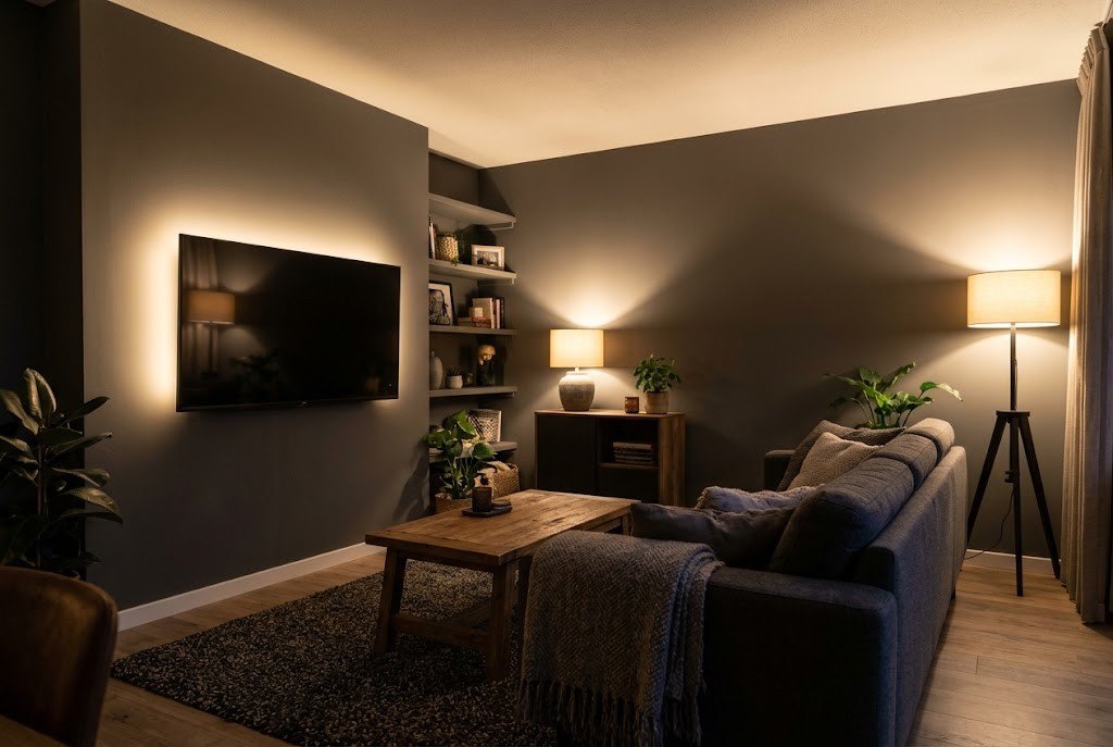 A warm LED glow emanating from behind a wall-mounted TV in a dimly lit cozy evening living room.