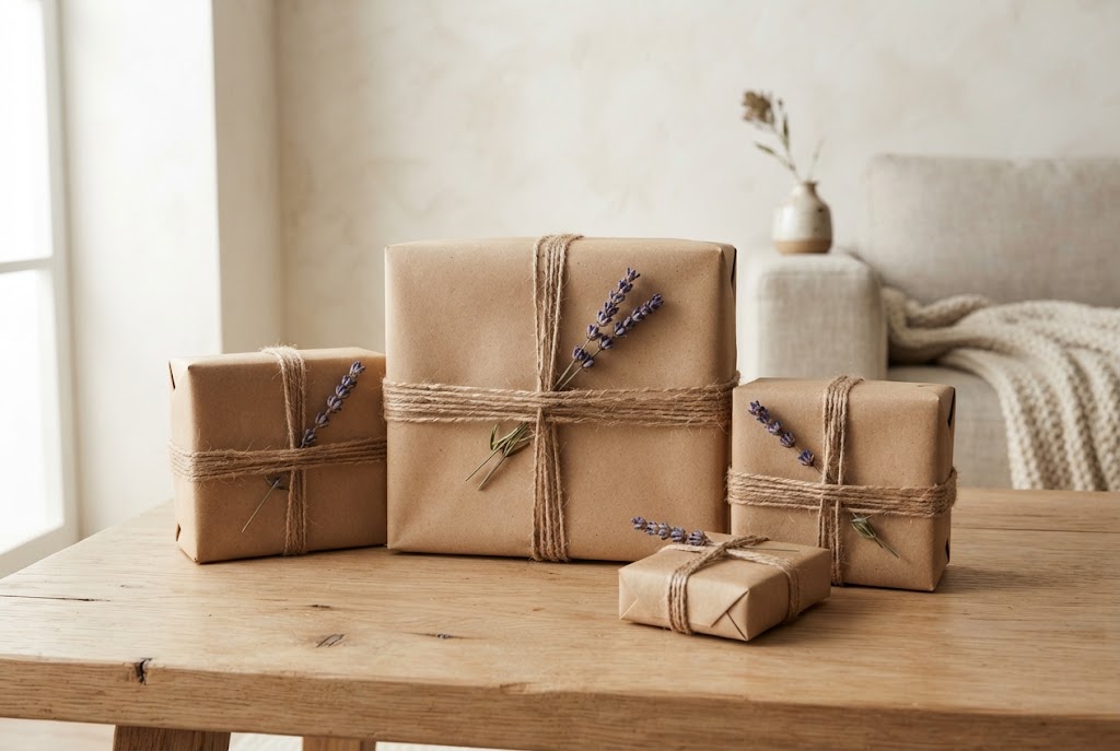 Kraft paper gifts tied with twine and lavender.