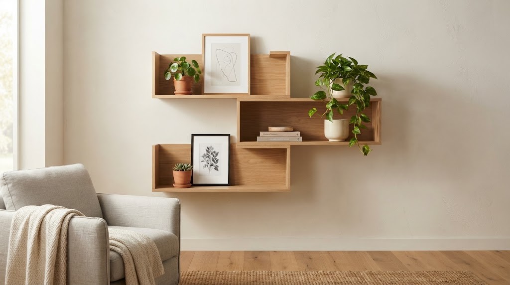 Minimalist floating shelves with plants and art.