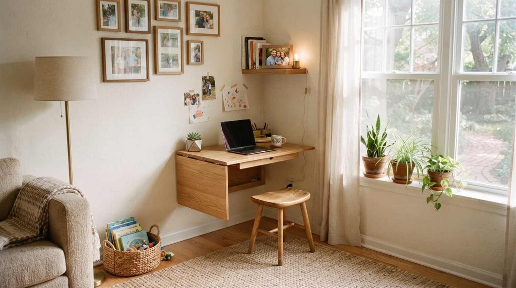 A cozy corner featuring a minimalist wall-mounted wooden fold-down desk small wooden stool and bright natural window light.