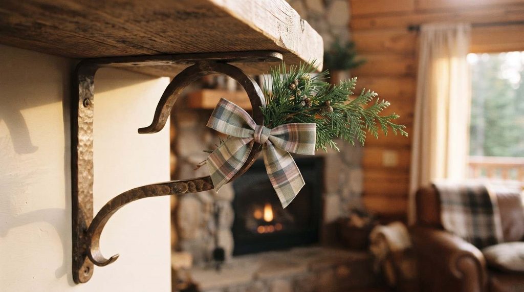 Large pinecones with snowy white-tipped edges arranged on a rustic wooden shelf.