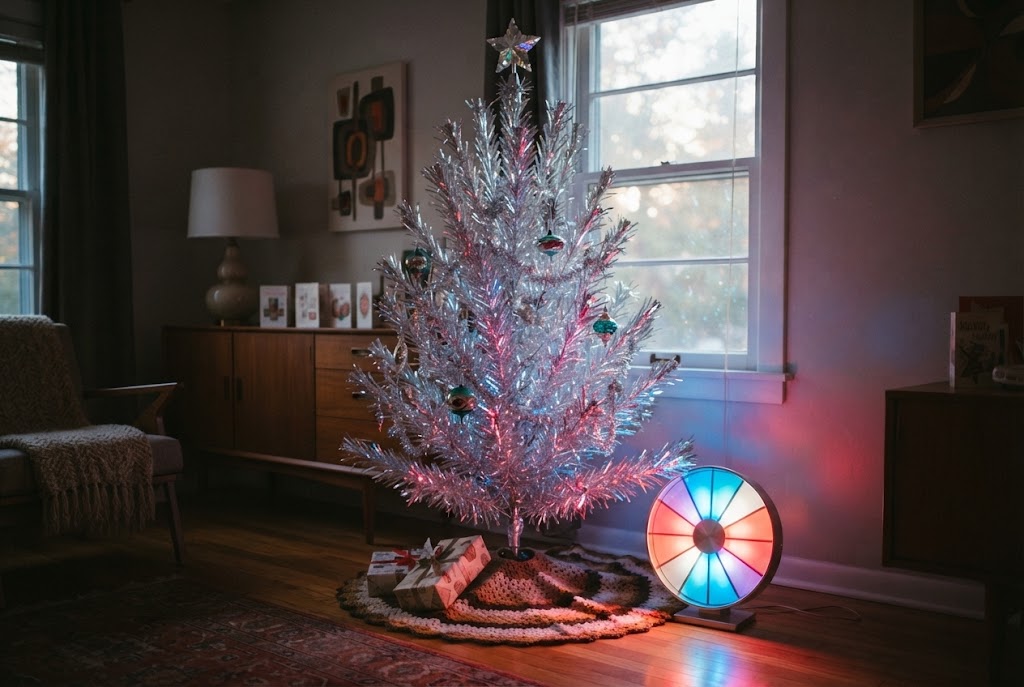A spinning color wheel casts vibrant retro hues across a silver aluminum tree.