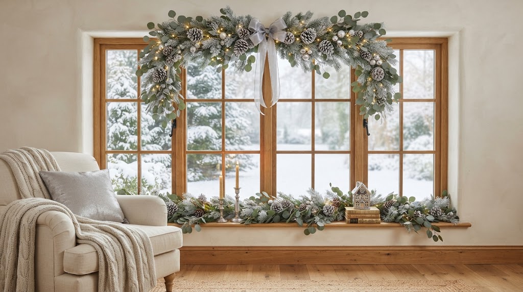 Frosted pinecones and silver eucalyptus create an elegant winter wonderland window.