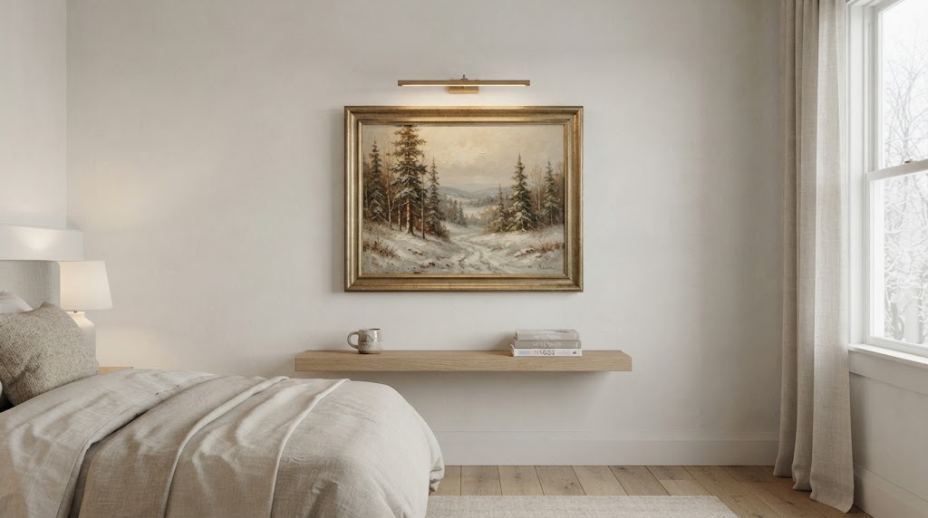 Minimalist bedroom featuring a vintage snowy forest oil painting.