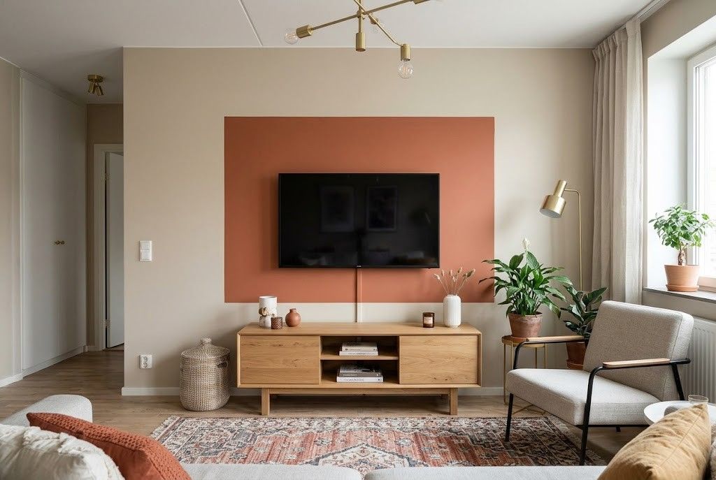 A TV mounted over a warm terracotta painted color block on a beige wall in a cozy small apartment living room.Please let me know which image prompt we should generate next