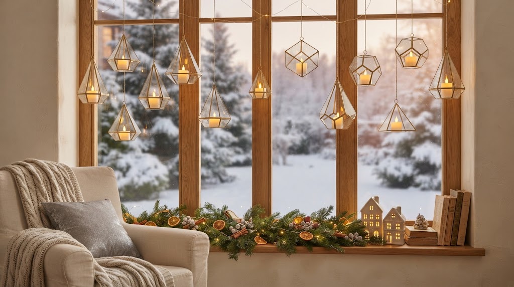 Hanging geometric glass terrariums with glowing tea lights add modern holiday charm.