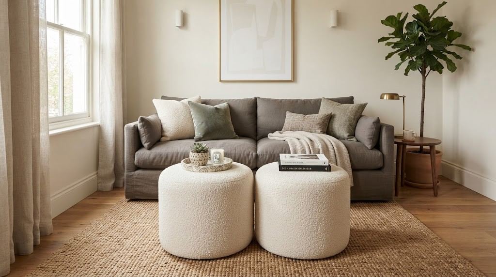 Two cream round ottomans as a coffee table