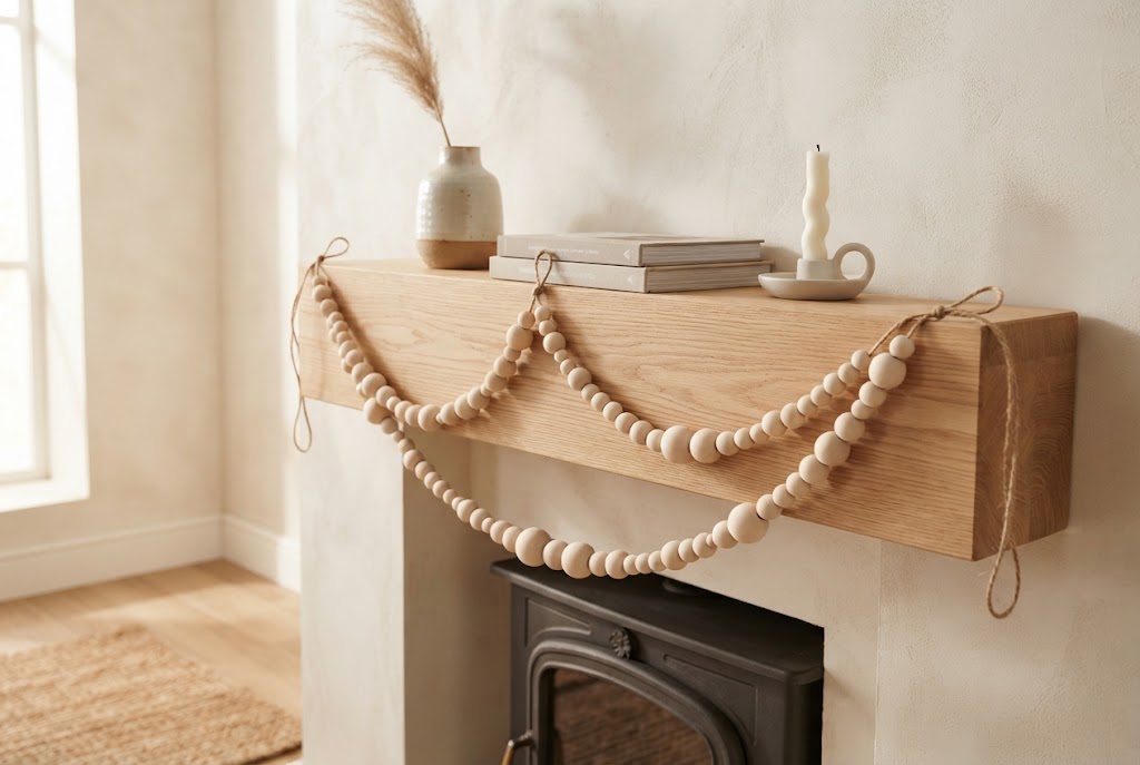 Unfinished wooden bead garland on an oak mantelpiece.