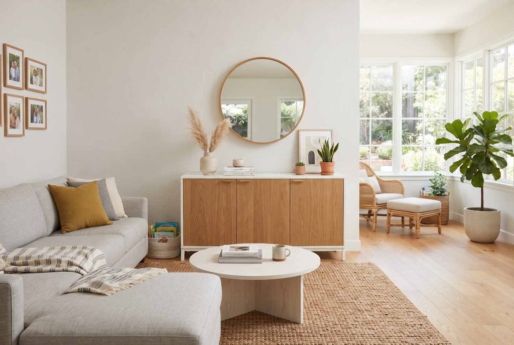 A clean organized family space highlighting a low matte white storage credenza with wooden cabinet doors and minimal decor.