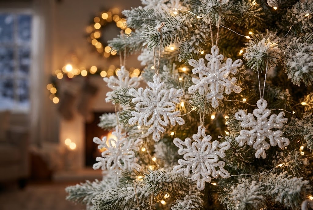 Sparkling chenille snowflakes bring a cozy, frosted winter wonderland indoors.