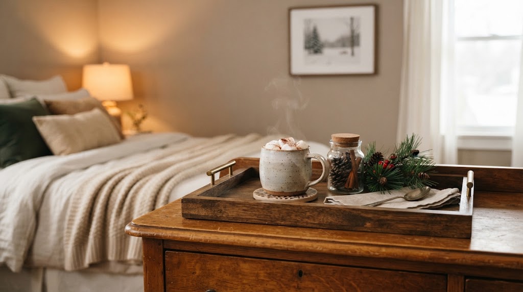 Styled tray with hot cocoa on a dresser in a cozy bedroom.