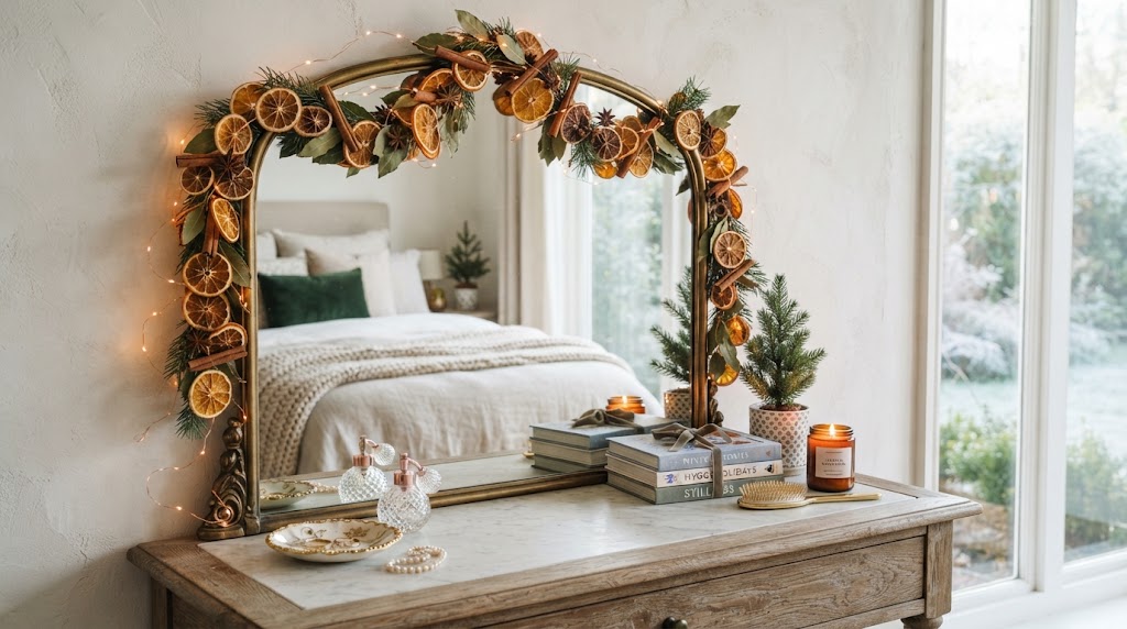 Vanity mirror framed in dried orange and cinnamon garland.