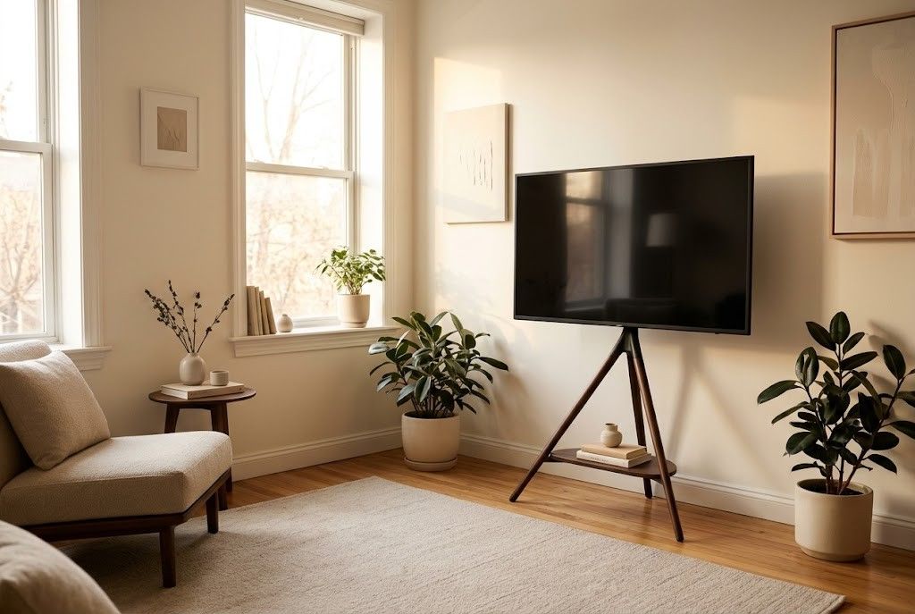 A modern television mounted on a sleek dark wood tripod easel stand in a bright minimalist living room.-