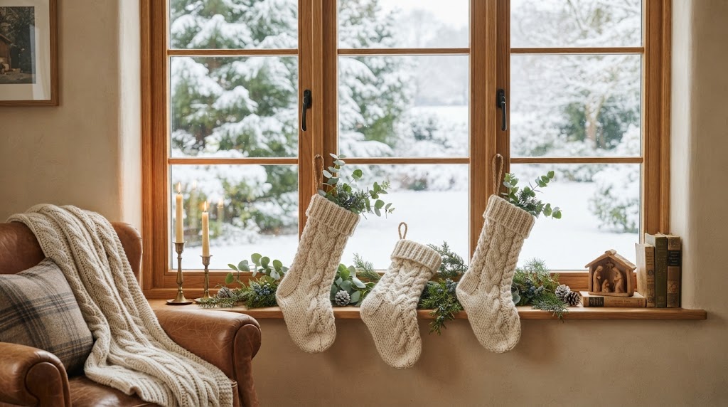 Chunky-knit cream stockings and fresh green sprigs bring cozy holiday warmth to the windowsill.