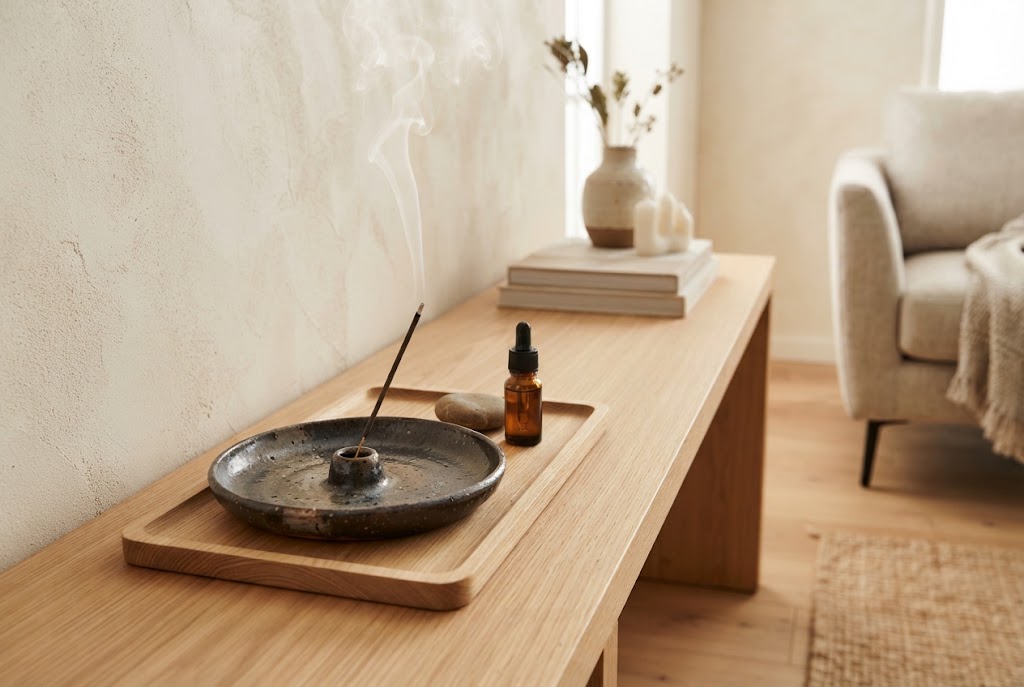 Dark ceramic incense dish on a wooden tray.
